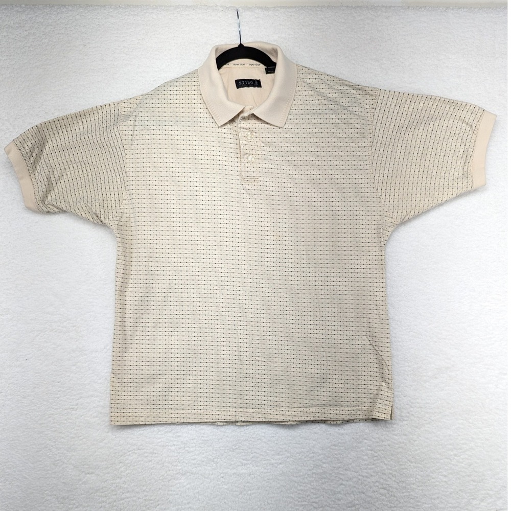 STYLO GOLF Mens XL Beige Dotted Pattern Short‎ Sleeve Polo Shirt 100% Cotton